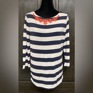 JCPennys white /blue qtr sleeves OS Tunic with orange beads - Size Large